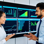 A diverse group of professional business individuals, fully clothed in modern, modest business attire. They are confidently interacting with a large, glowing digital display showing complex data visualizations, regulatory compliance dashboards, and charts indicating growth. One individual gestures forward, conveying strategic vision. The scene should evoke a sense of innovation and progress, with subtle elements suggesting the 'trampoline' or 'springboard' effect of effective regulatory technology. The setting is a futuristic, clean, and well-lit RegTech hub or a secure data center office, with sleek furniture and advanced computer equipment. High-resolution professional photography, cinematic lighting, vibrant colors, crisp focus, perfect anatomy, correct proportions, natural pose, well-formed hands, proper finger count, natural body proportions, safe for work, appropriate content, fully clothed, professional.