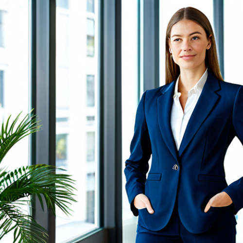 Home 7 Business Professional**
"A confident businesswoman in a tailored navy blue business suit, standing in a brightly lit, modern office lobby with glass walls and potted plants, fully clothed, appropriate attire, safe for work, perfect anatomy, correct proportions, professional photography, high resolution, well-formed hands, proper finger count, natural body proportions, clean background."
**