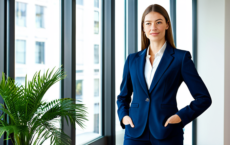 Business Professional**

"A confident businesswoman in a tailored navy blue business suit, standing in a brightly lit, modern office lobby with glass walls and potted plants, fully clothed, appropriate attire, safe for work, perfect anatomy, correct proportions, professional photography, high resolution, well-formed hands, proper finger count, natural body proportions, clean background."

**