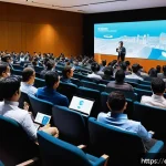 규제 관련 학회 및 세미나 참여 후기 - A dynamic, modern conference scene in a sleek, well-lit auditorium in Mexico City, featuring diverse...