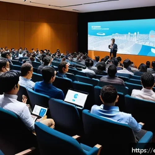 규제 관련 학회 및 세미나 참여 후기 - A dynamic, modern conference scene in a sleek, well-lit auditorium in Mexico City, featuring diverse...