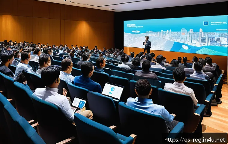 규제 관련 학회 및 세미나 참여 후기 - A dynamic, modern conference scene in a sleek, well-lit auditorium in Mexico City, featuring diverse...